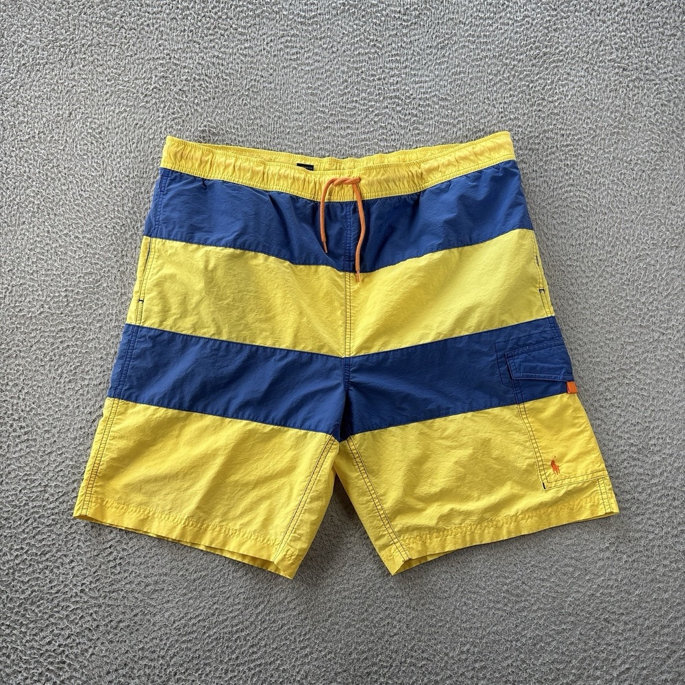 VTG Polo Ralph Lauren Swim Trunks Shorts Mens Large Blue Yellow Striped Lined